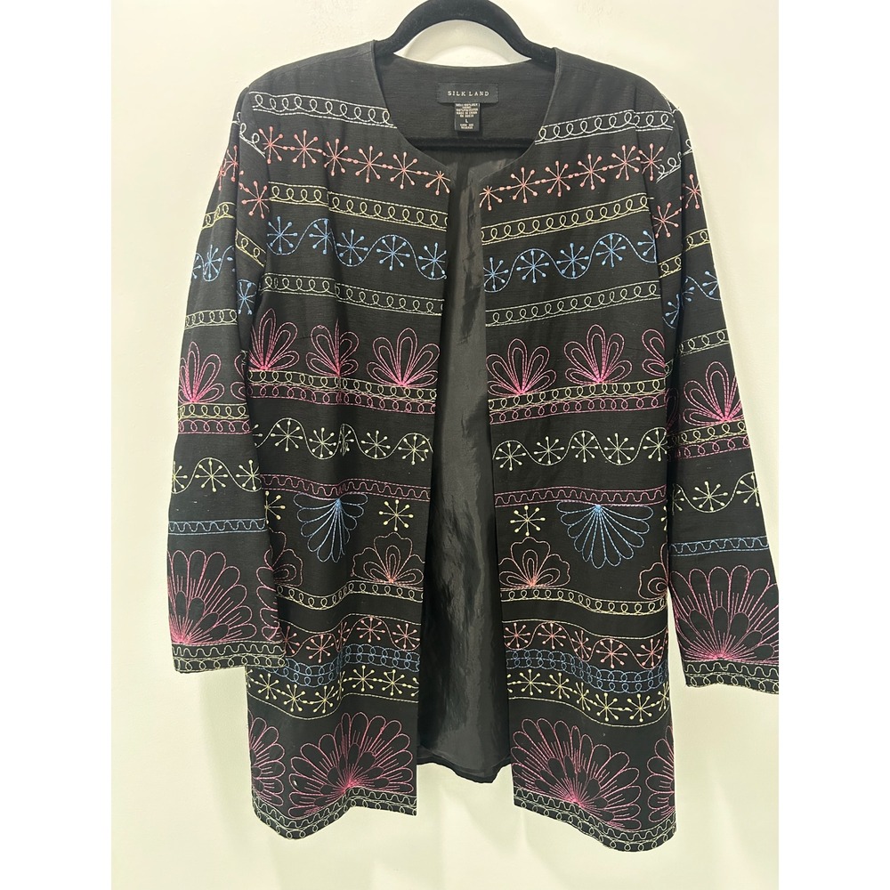 Silk Land Black Raw Silk Embroidered Open Front Jacket Women Large Floral Boho